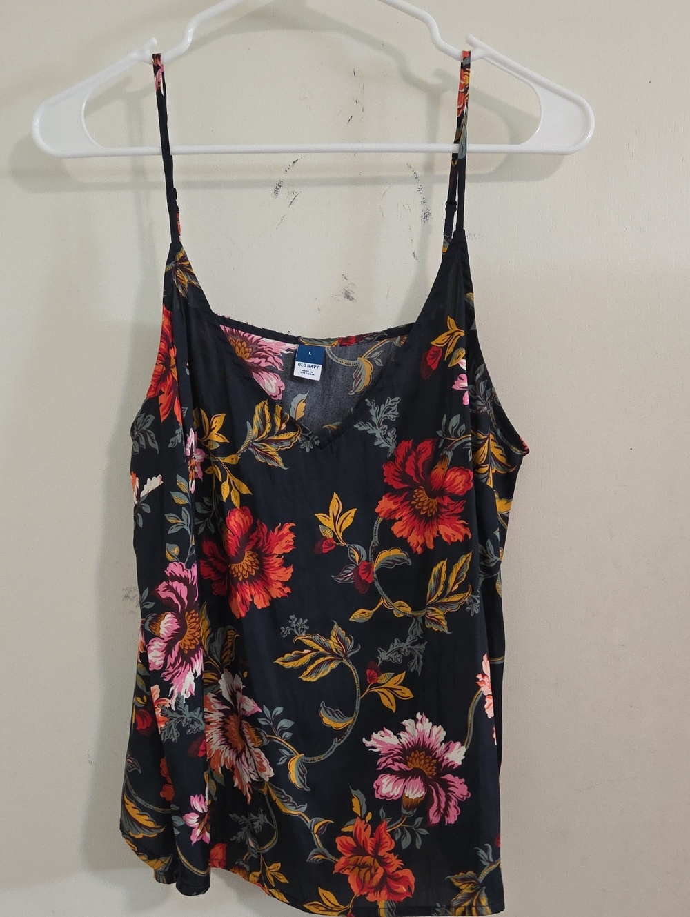 Old Navy Black Floral Satin Camisole with Red & Pink Blooms